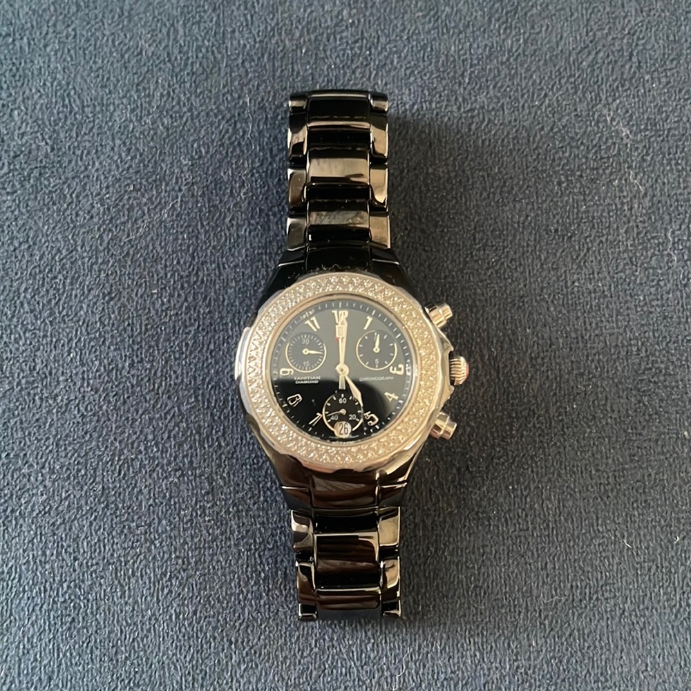 Michele Black Ceramic and Silver-Tone Diamond Accent Chronograph Watch